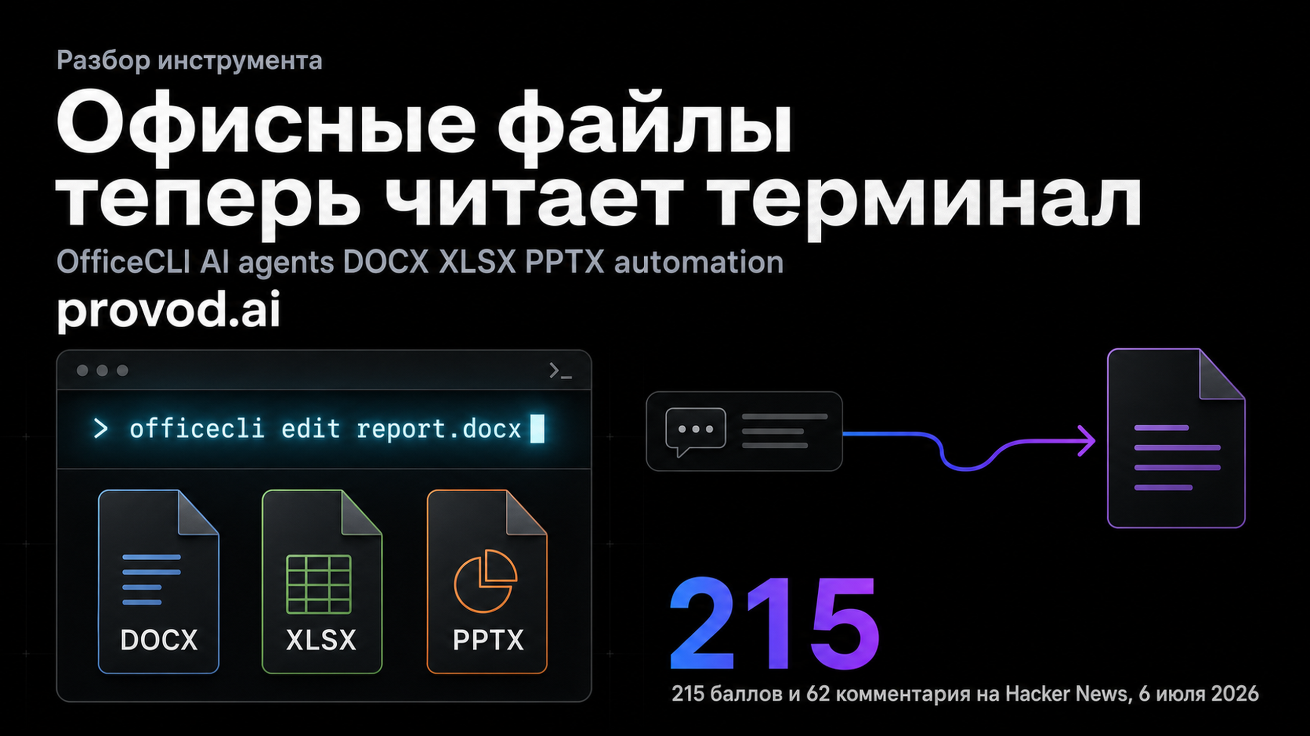 Обложка статьи: OfficeCLI делает офисные файлы управляемыми из командной строки и AI-агентов: OfficeCLI AI agents DOCX XLSX PPTX automation