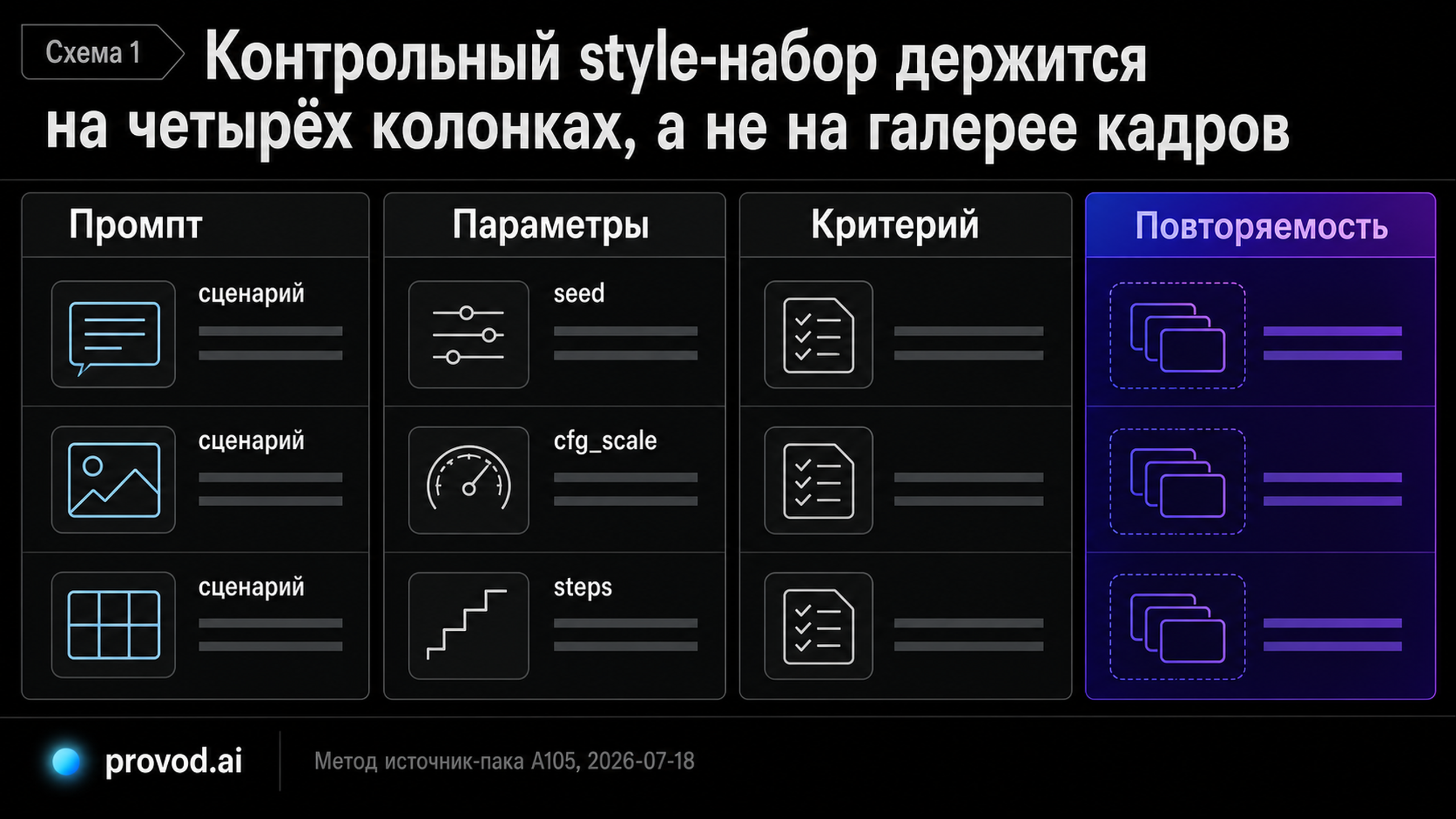 Структурная схема контрольного style-набора из колонок промпт, параметры, критерий и повторяемость