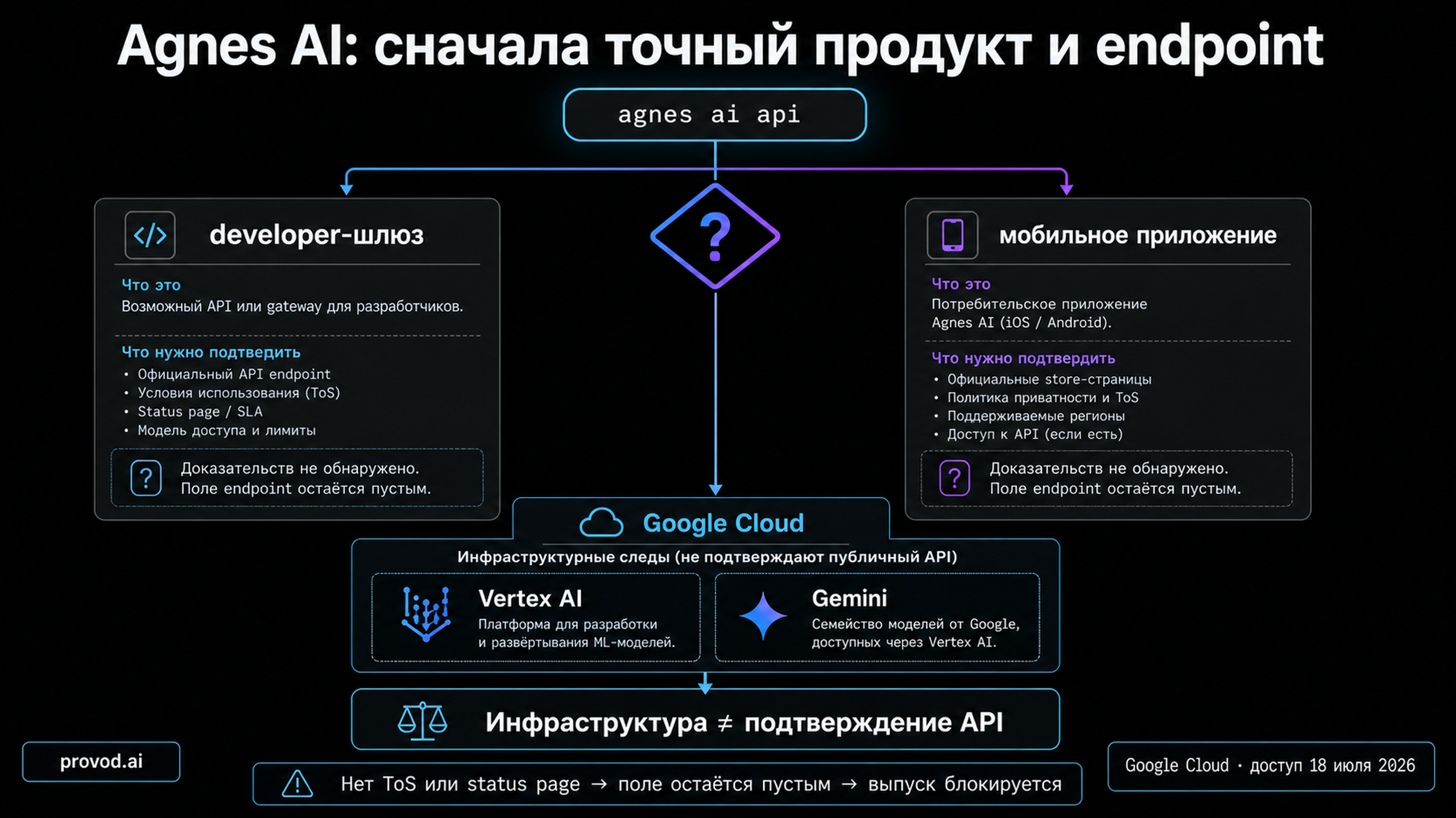 Развилка бренда Agnes AI на developer-шлюз и мобильное приложение, с отдельным инфраструктурным кейсом Google Cloud