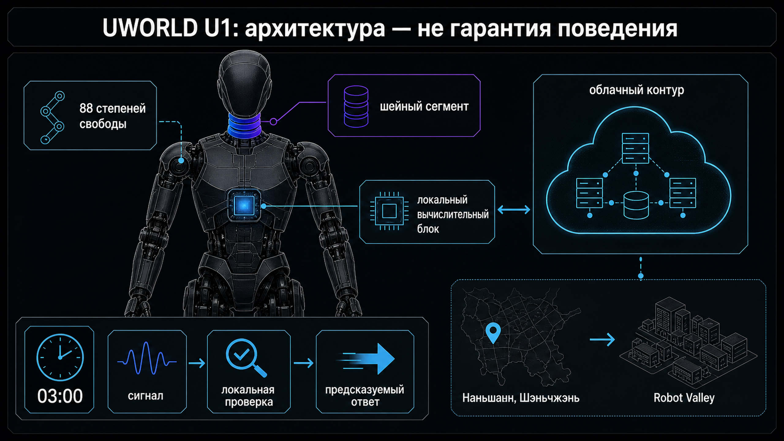Схема системы UWORLD U1: корпус на 88 степеней свободы, шейный сегмент, локальный вычислительный блок и облачный контур