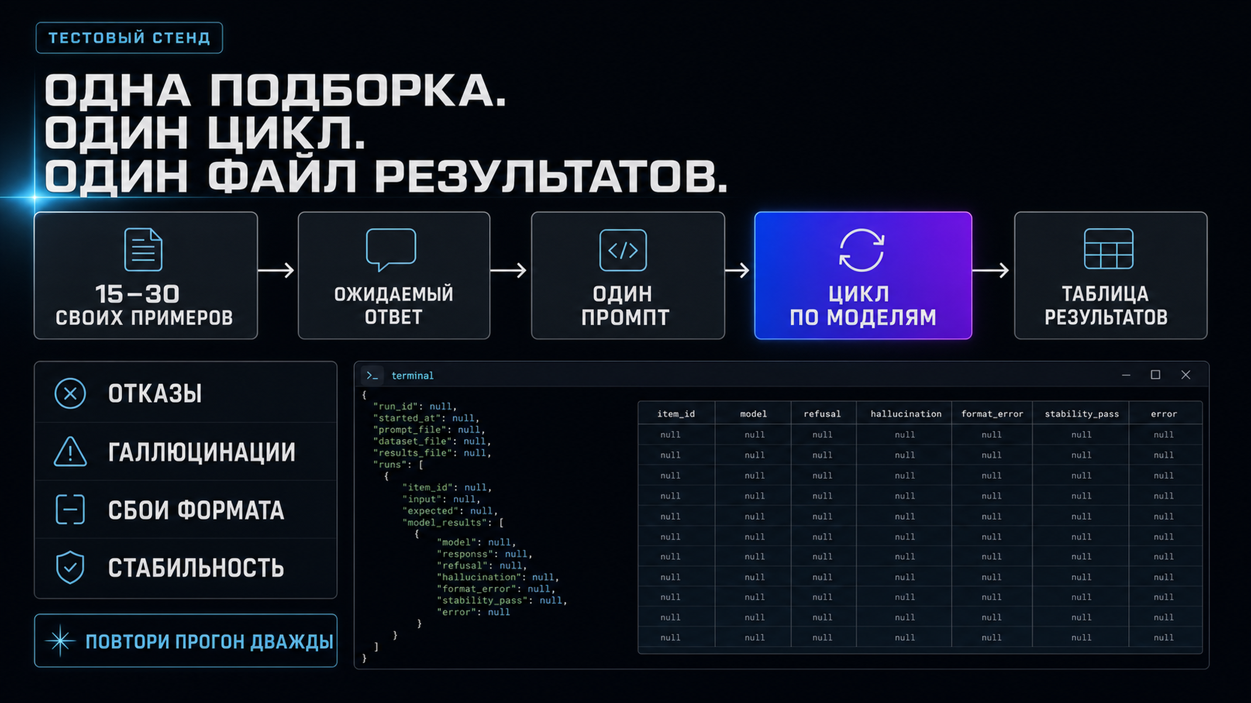 Схема тестового стенда: подборка примеров, один API-клиент, цикл по моделям, таблица результатов