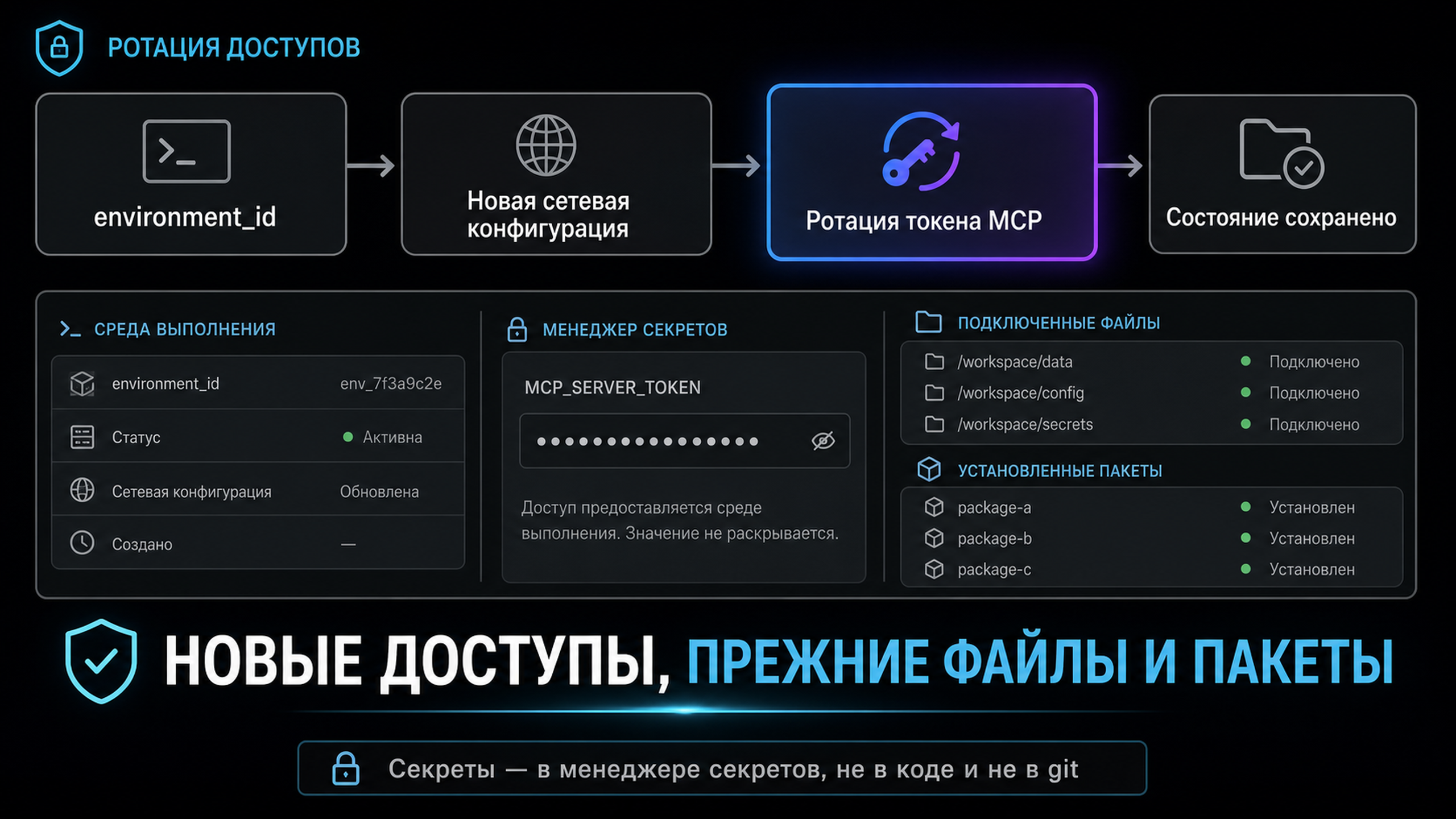 Схема авторизации: environment_id, ротация токена MCP и сохранение состояния песочницы