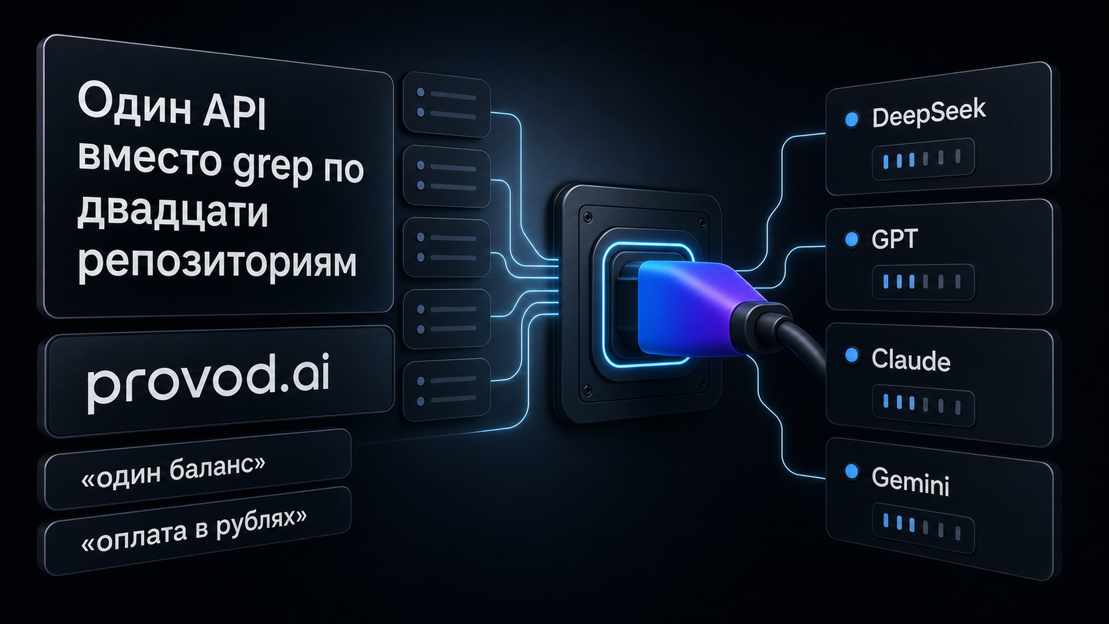 Один API provod.ai вместо правок по всему продукту: DeepSeek, GPT и Claude на одном балансе в рублях