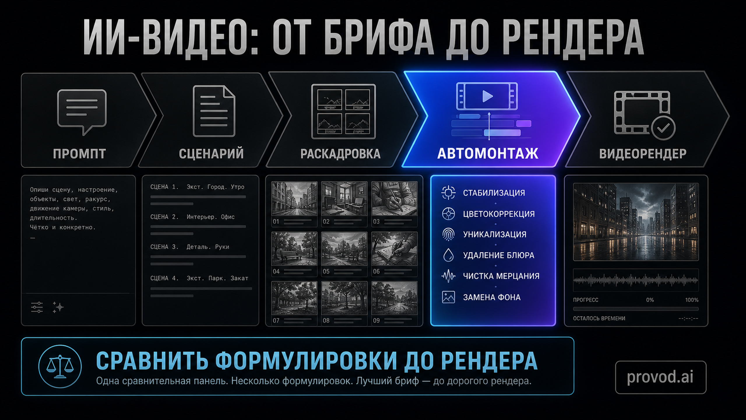 Процессная схема из пяти этапов производства ИИ-видео с выделенным этапом автомонтажа