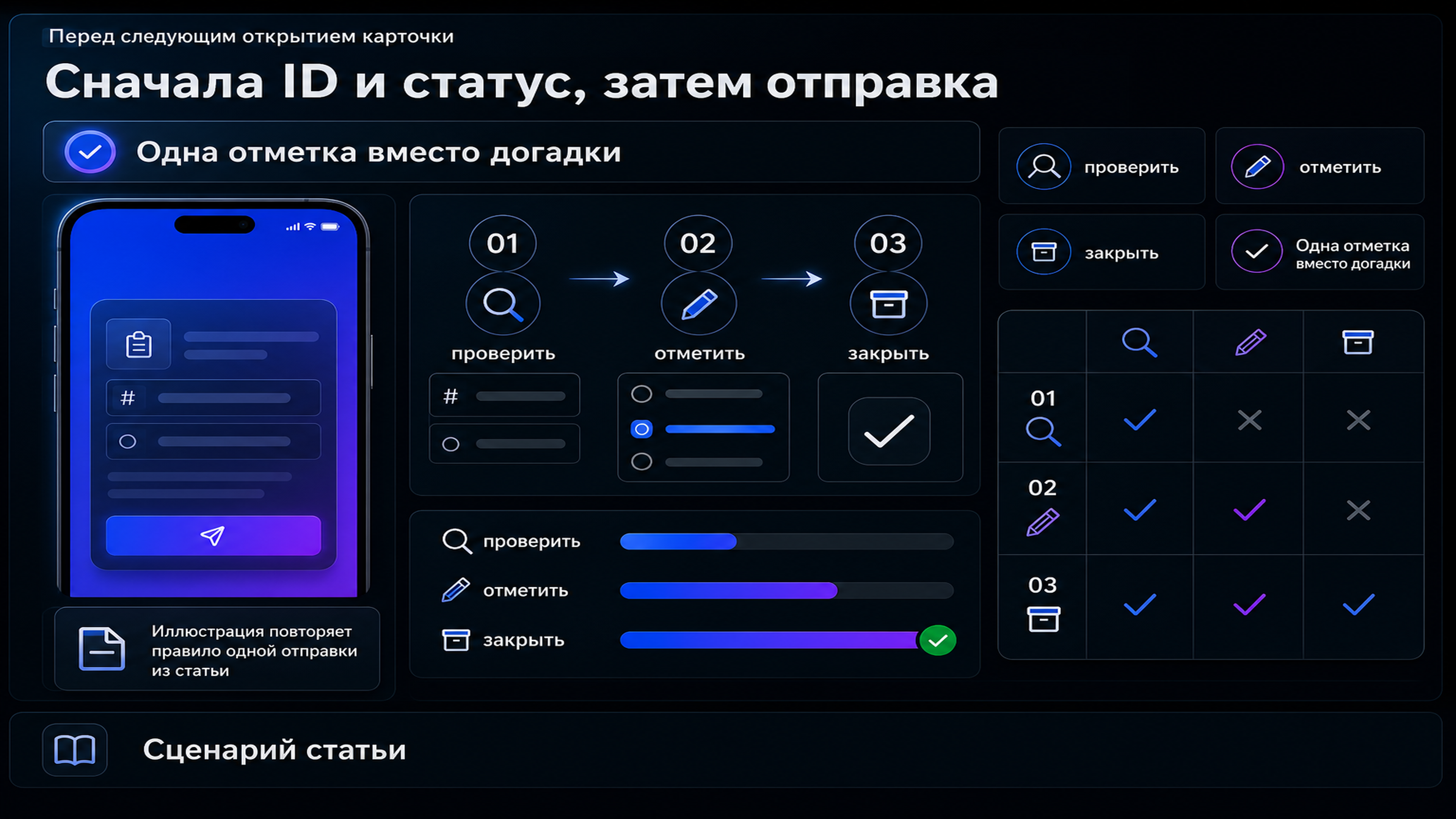 Сравнить порядок работы с карточкой