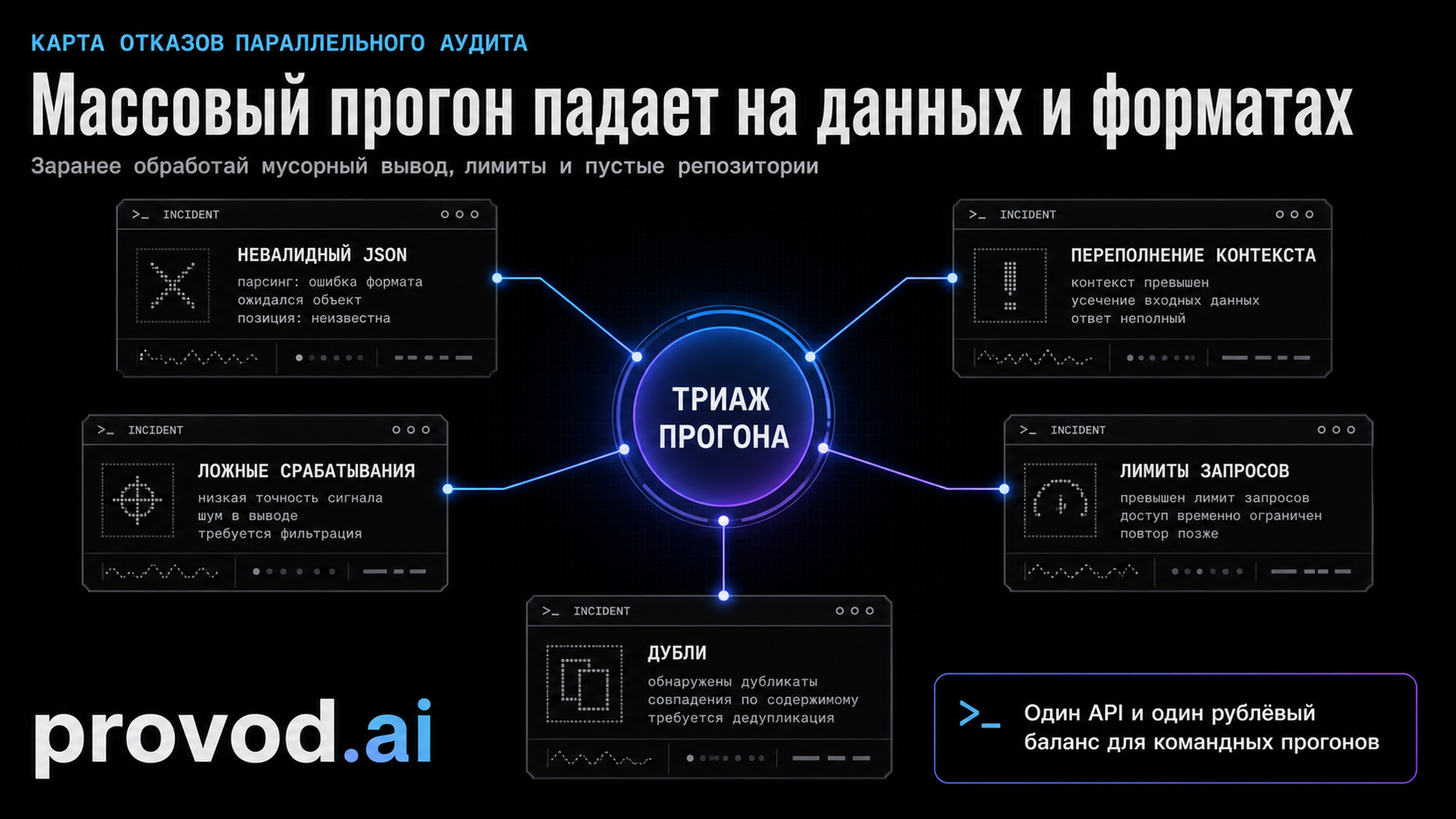Карта отказов прогона: невалидный JSON, переполнение контекста, ложные срабатывания, лимиты запросов, дубли