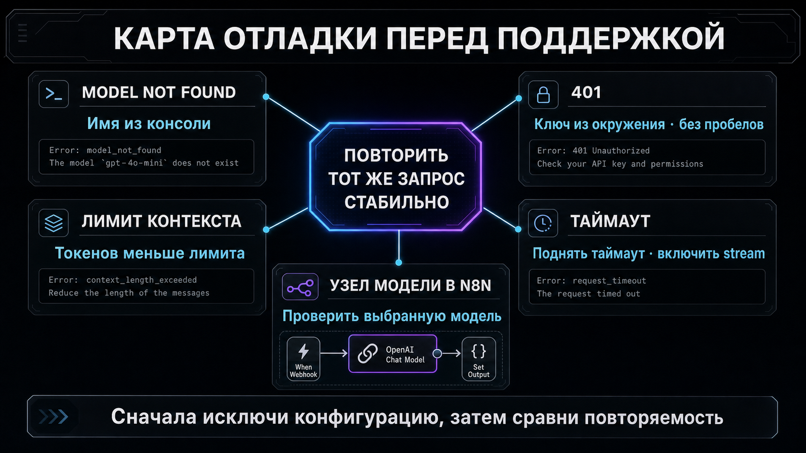 Карта отладки: model not found, 401, лимит контекста, таймаут и узел модели в n8n