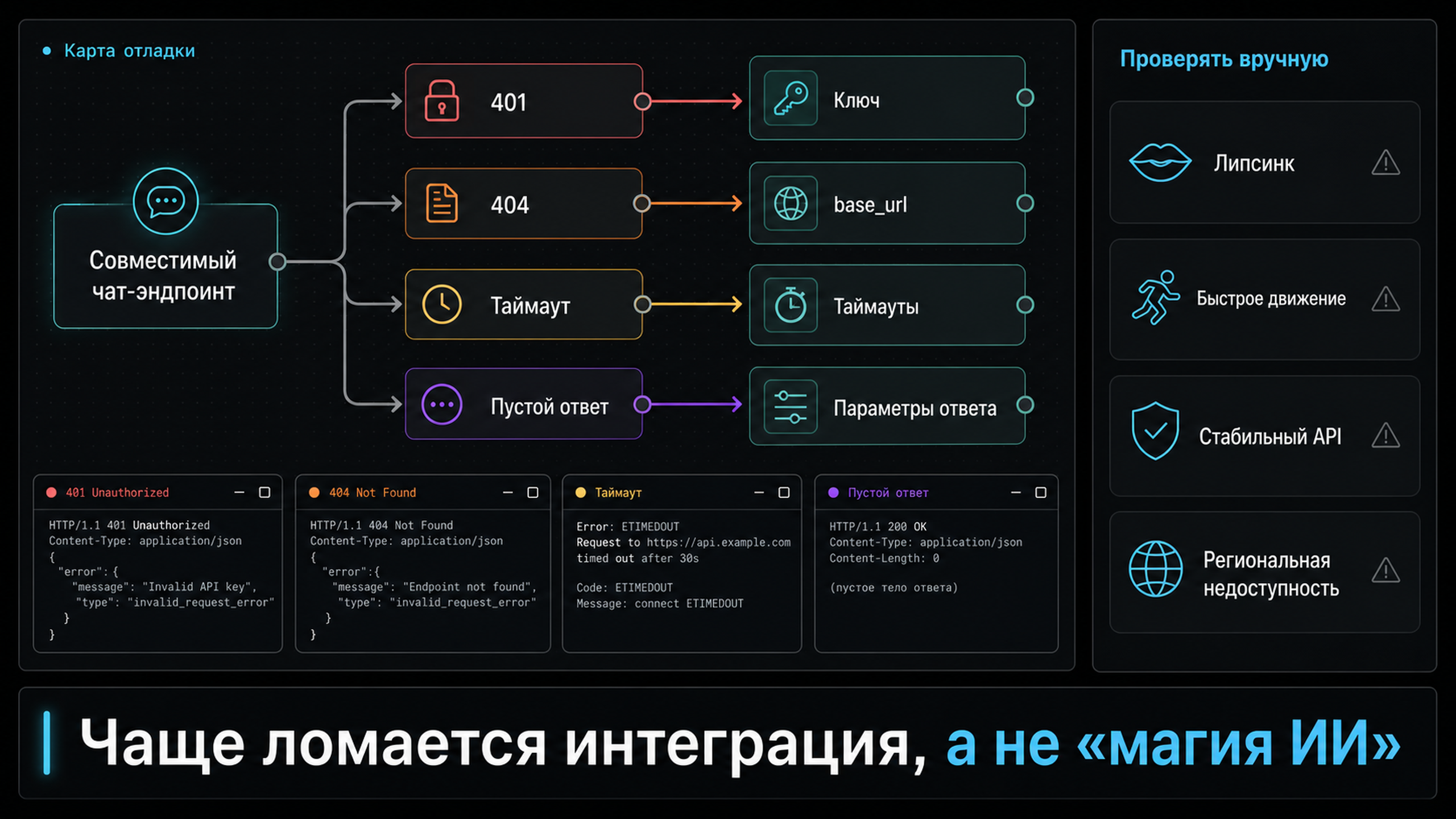 Карта отладки: узлы n8n, коды ответов 401, 404, таймаут, пустой ответ и шаги проверки