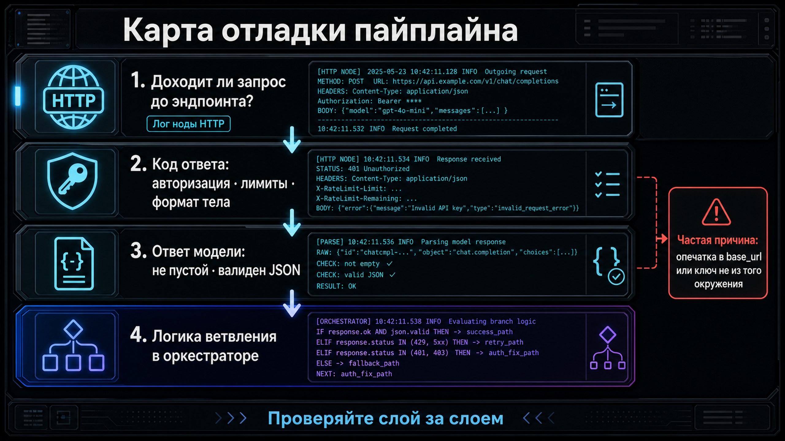 Карта отладки пайплайна: слои от HTTP-ноды и авторизации до логики ветвления в оркестраторе