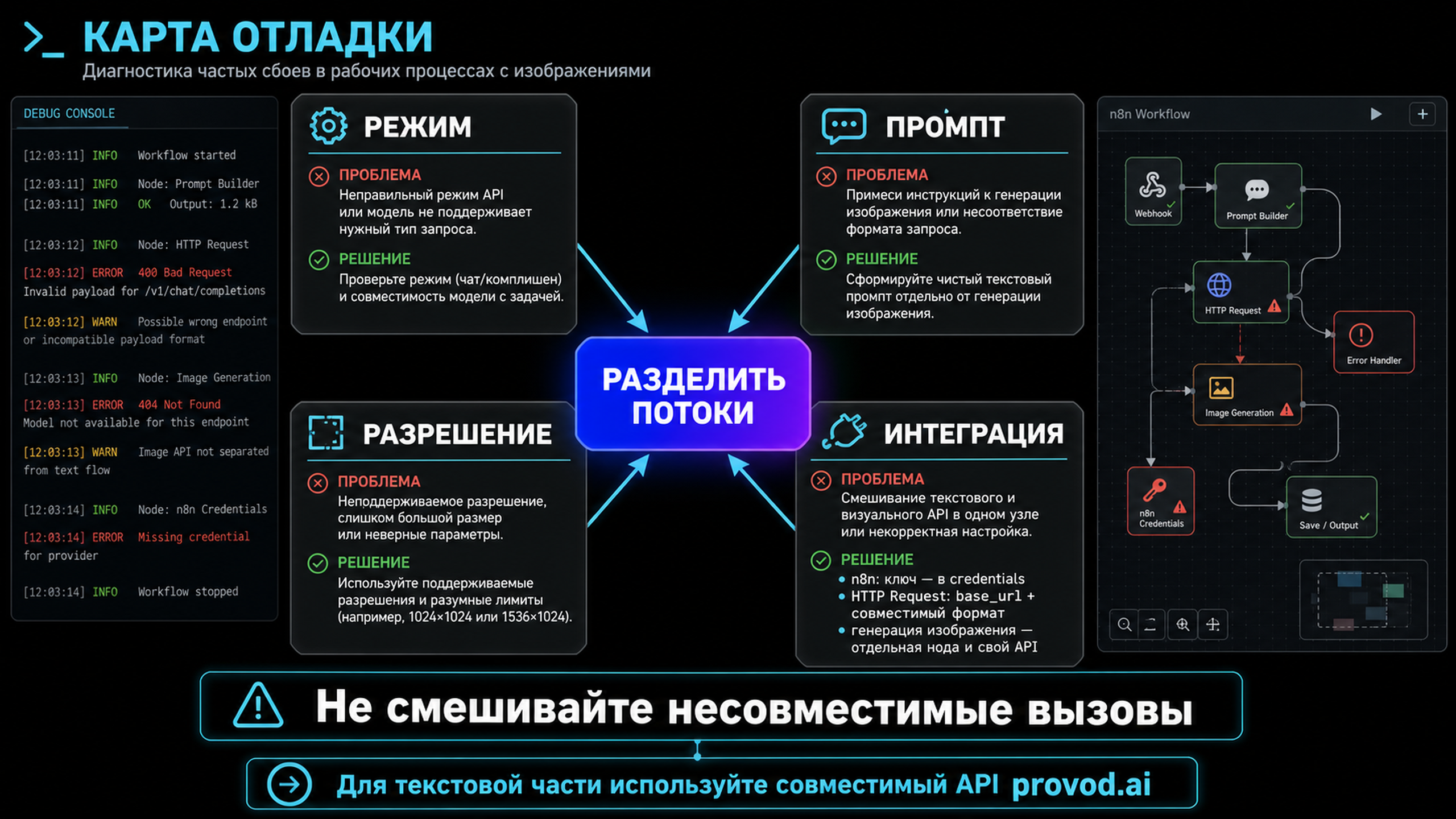 Карта частых сбоев: режим, промпт, разрешение, интеграция