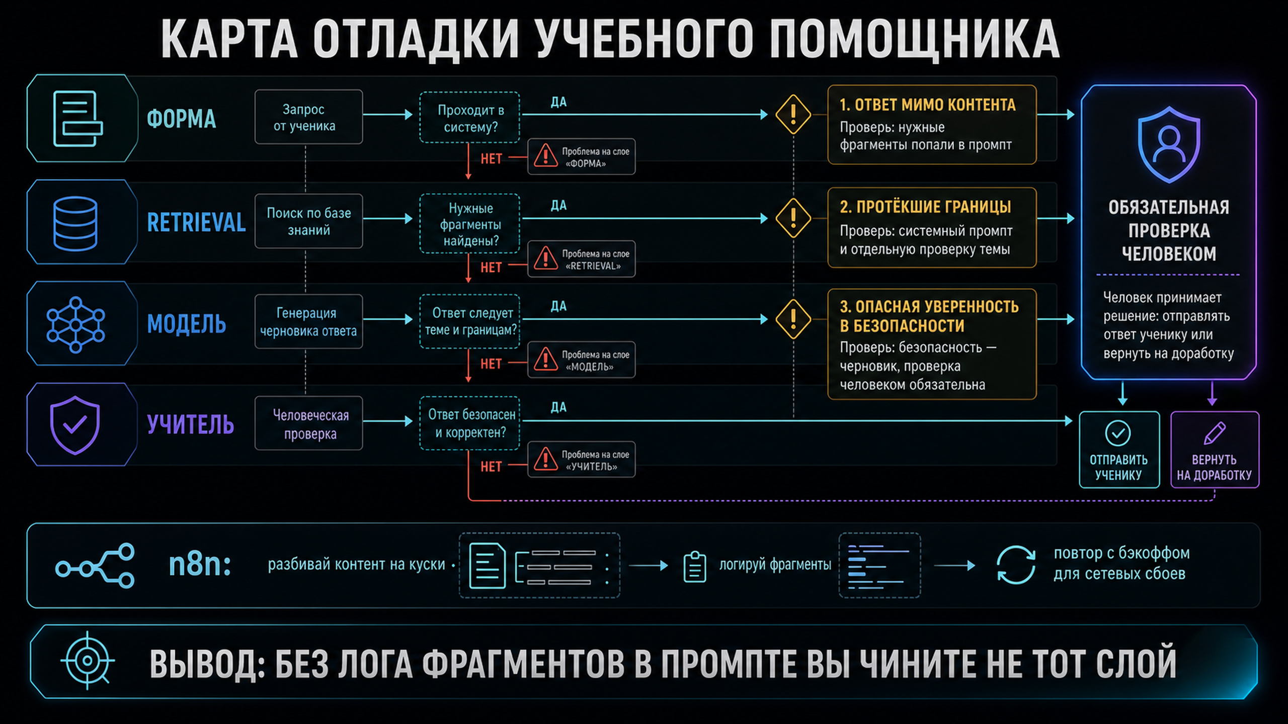 Карта отладки: где теряется ответ между формой, retrieval, моделью и учителем