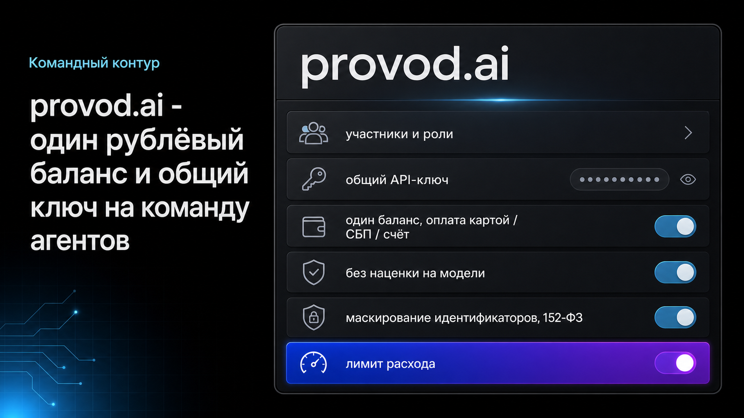 provod.ai - командное рабочее пространство с единым балансом, общим ключом и лимитом расхода для команды агентов