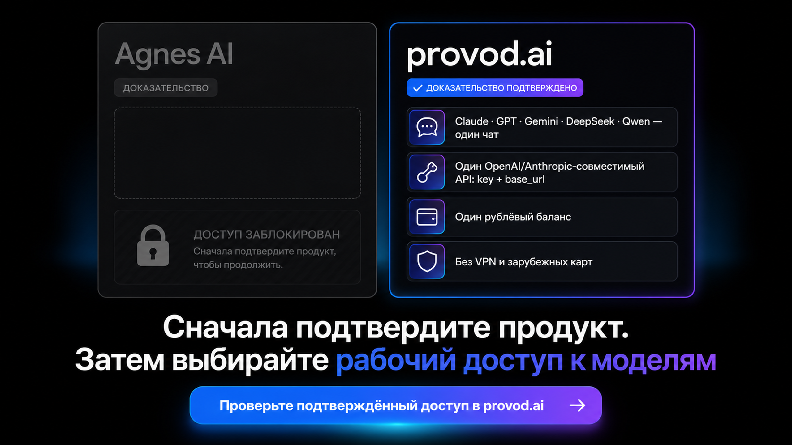 provod.ai как отдельно подтверждённый сервис с заполненными полями доказательств рядом с заблокированной карточкой неподтверждённого Agnes