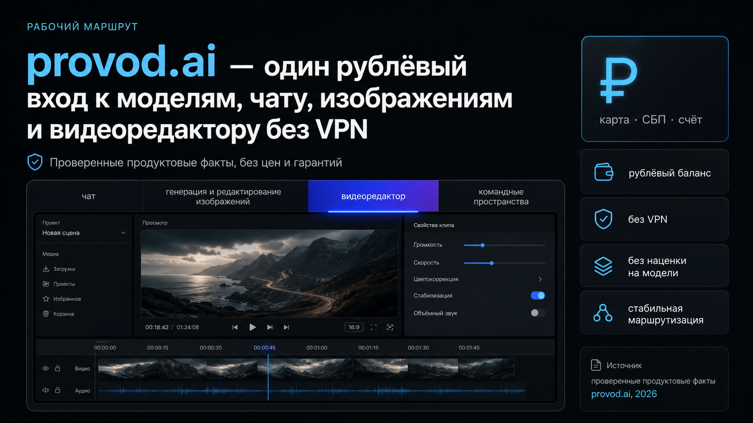 provod.ai — российский агрегатор моделей с чатом, изображениями, видеоредактором и командными пространствами на одном рублёвом балансе.