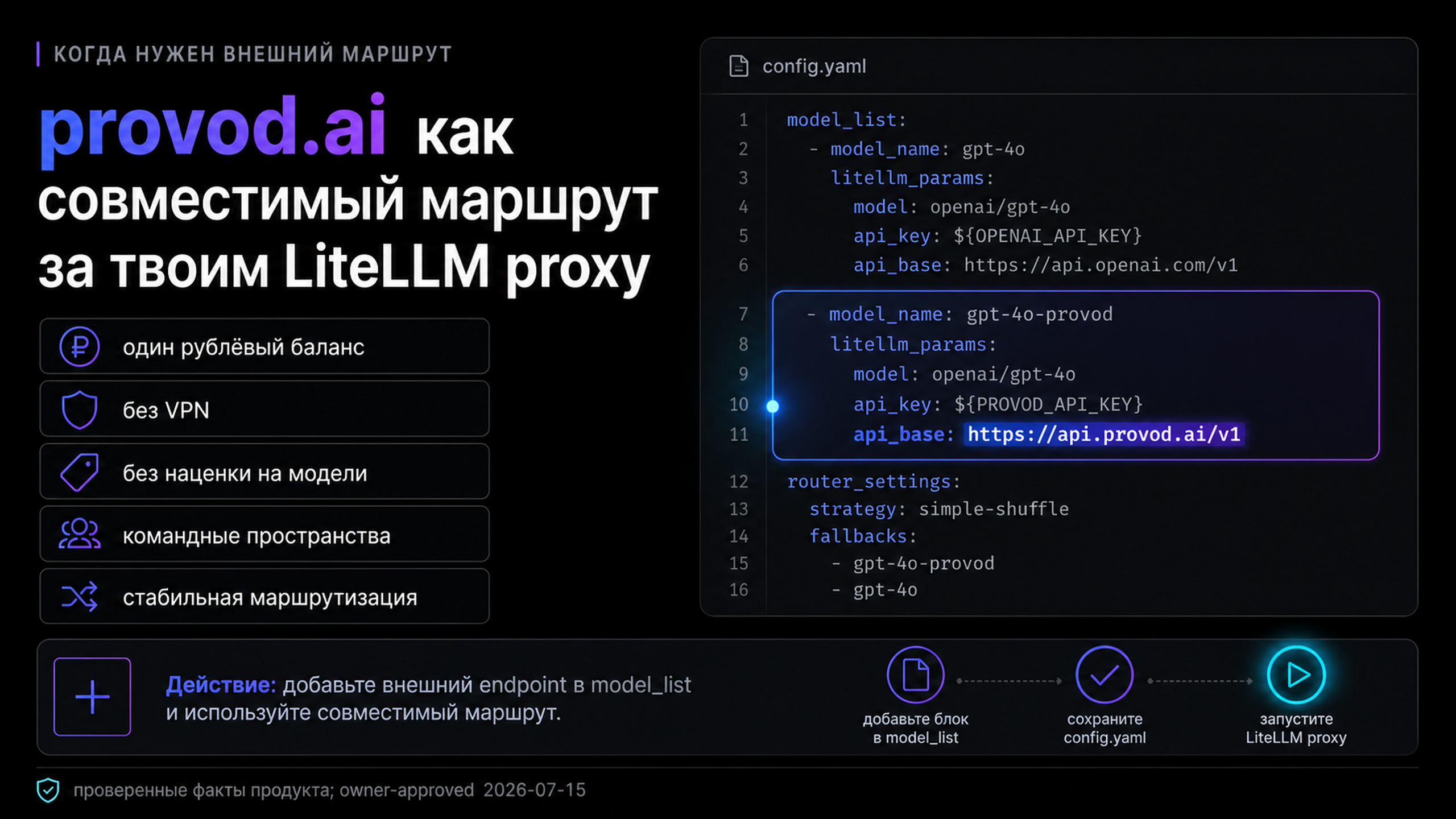 provod.ai как совместимый внешний маршрут за LiteLLM proxy с рублёвым балансом и командными пространствами