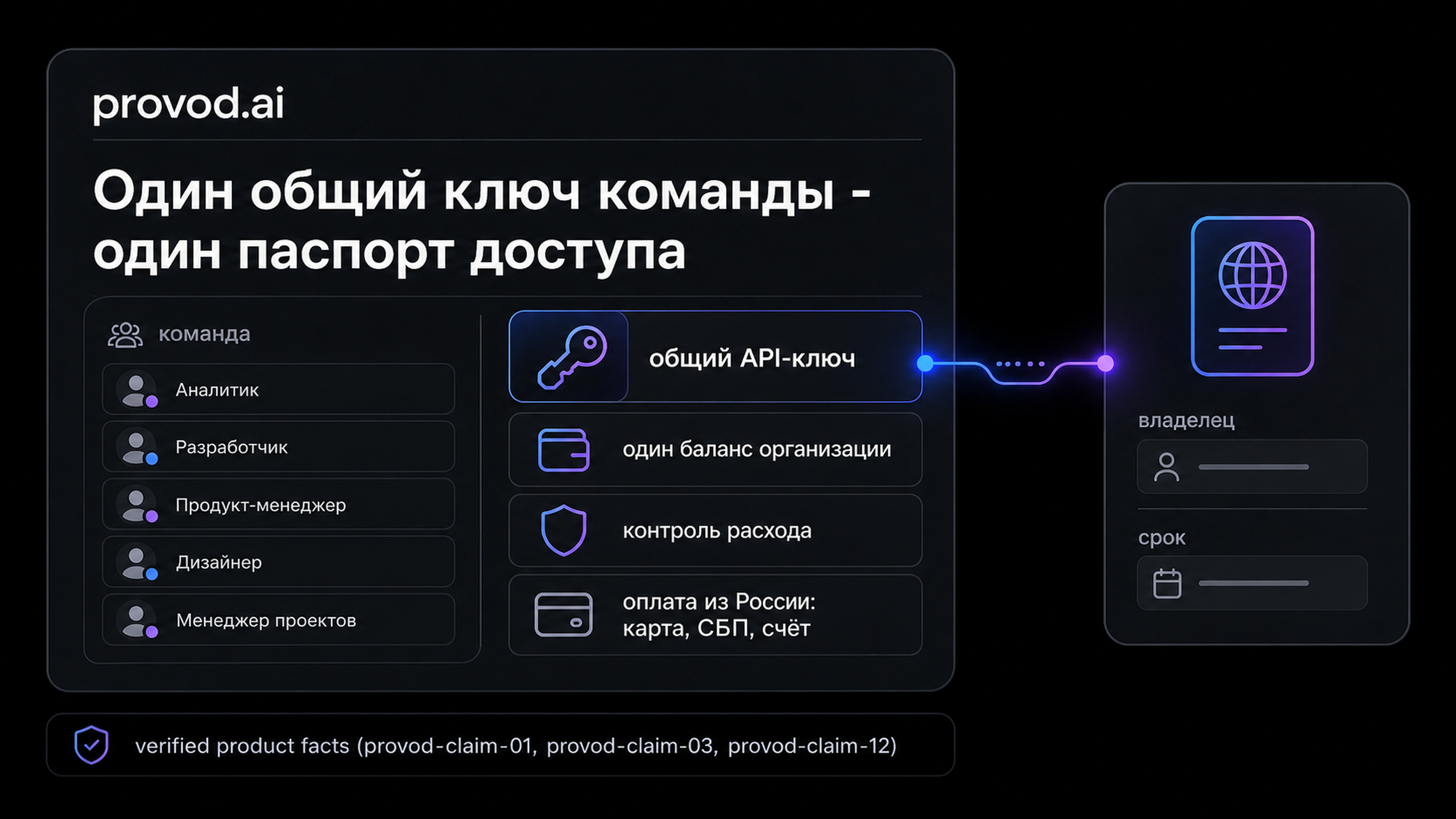 Командное пространство provod.ai: общий API-ключ и один баланс организации с паспортом доступа для владельца и срока.