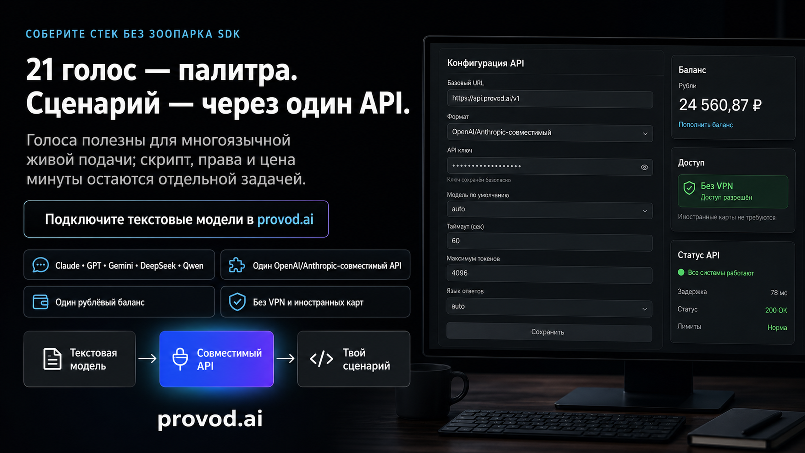 provod.ai: один API для текстовых моделей, оплата в рублях, без VPN