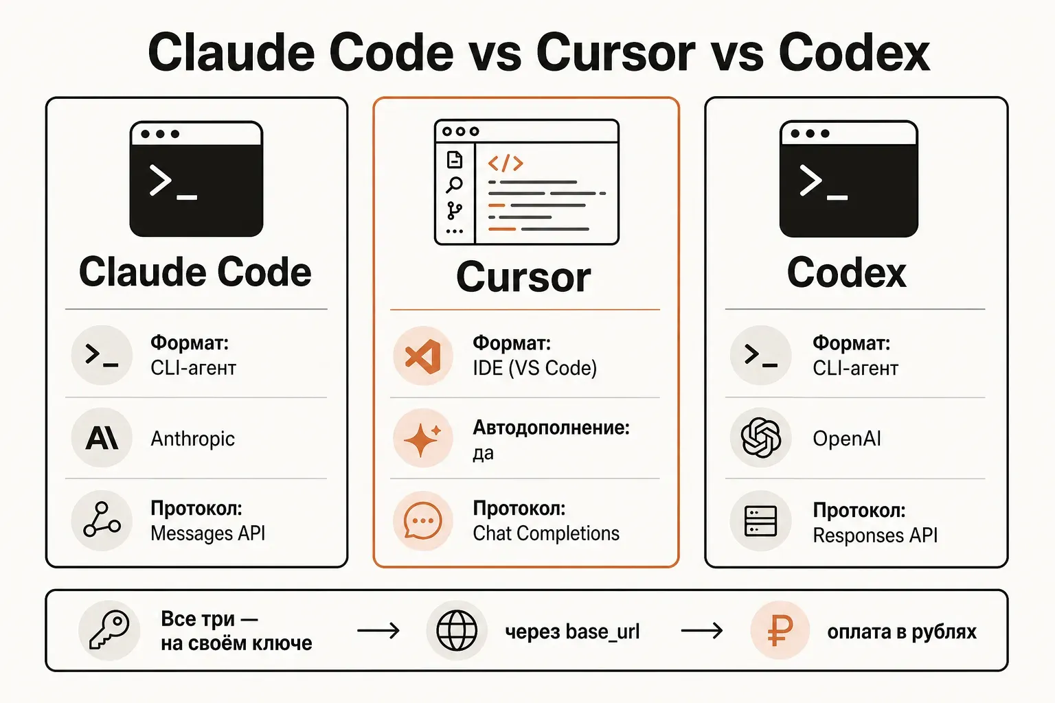 Сравнительная карточка трёх AI-инструментов для кода: Claude Code (CLI-агент), Cursor (IDE) и Codex (CLI от OpenAI) с форматом, автономностью и ценой подключения в рублях