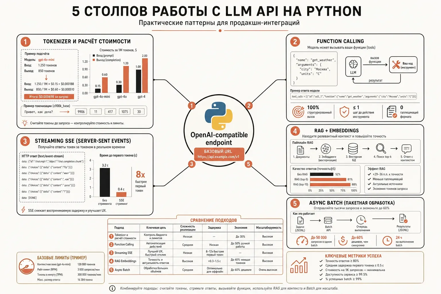 Mind map: 5 столпов работы с LLM API на Python — tokenizer, function calling, streaming, RAG embeddings, async batch — соединены центральным узлом OpenAI-compatible endpoint, на тёплом кремовом фоне в editorial vector