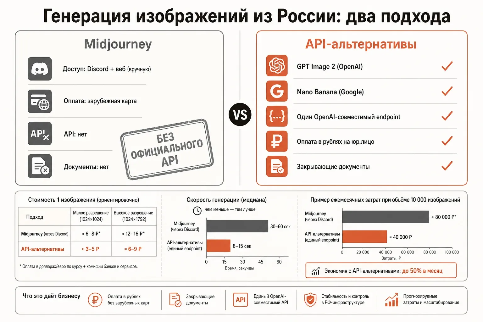 Два сценария генерации изображений из России: ручной Midjourney через Discord без API и API-альтернативы GPT Image 2 и Nano Banana с оплатой в рублях