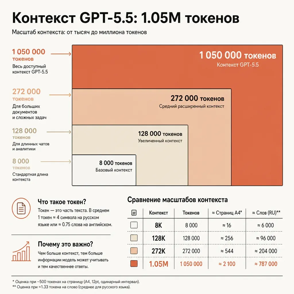 Сравнение масштаба контекстного окна: горизонтальная шкала с вложенными прямоугольниками от маленького к большому, где самый широкий блок обозначает миллион токенов и доминирует над остальными, тёплая бежевая палитра с терракотовым акцентом на крупнейшем блоке