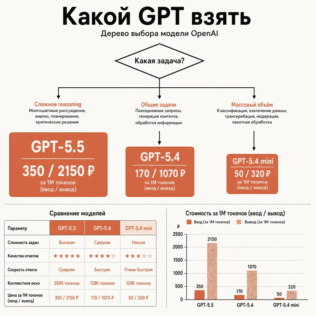 Дерево решения выбора модели OpenAI: от корневого вопроса о сложности задачи ветви расходятся к трём блокам разного размера — крупный для флагмана, средний для универсала, компактный для mini, каждый блок своего оттенка тёплой палитры