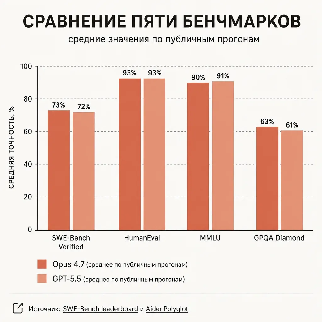 Сравнительная диаграмма бенчмарков SWE-Bench, HumanEval, MMLU, GPQA Diamond по двум флагманам — Claude Opus 4.7 и GPT-5.5; столбчатая инфографика без логотипов, чёткие цифры