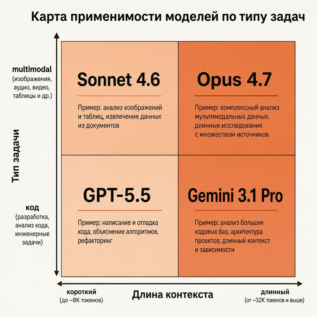 Карта применимости моделей по типу задач и длине контекста: четыре зоны — короткий код, длинный код, агенты, длинный RAG — с пометками рекомендованной модели; редакторская матрица решений