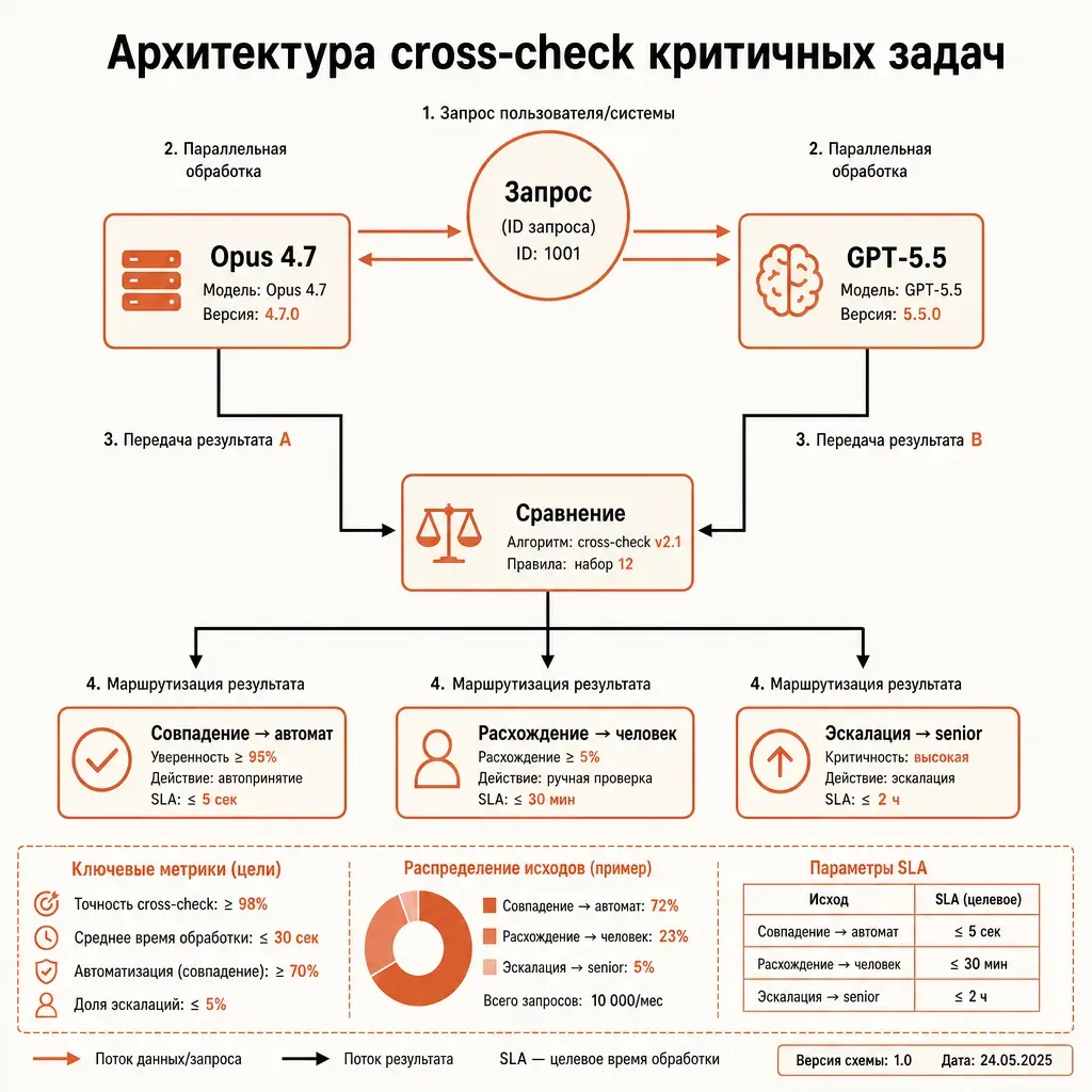 Архитектура cross-check между двумя флагманами: запрос идёт в Opus 4.7 и GPT-5.5 параллельно, ответы сравниваются, расхождение эскалируется на человека; диаграмма потока с тремя выходными узлами