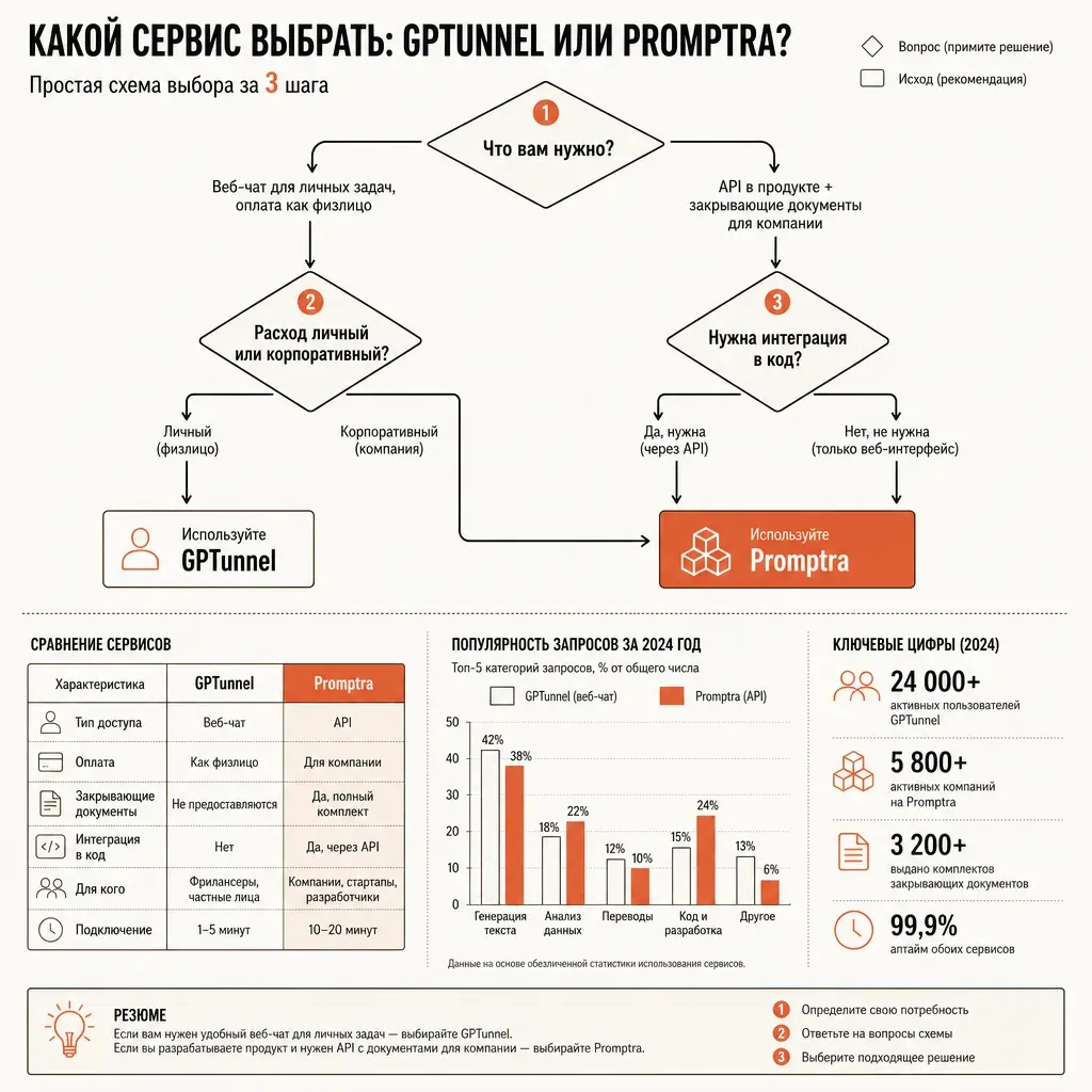 Дерево решений из flowchart-блоков на русском: вопрос «нужен веб-чат или API?» ветвится на «частный пользователь → GPTunnel» и «компания, нужны документы → provod.ai», прямоугольники и стрелки