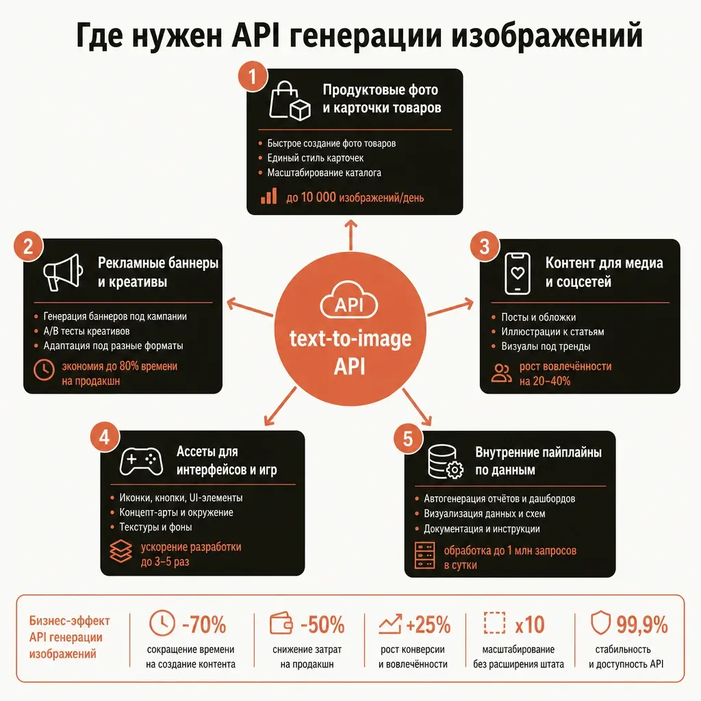 Карта применения API генерации изображений: центральный блок «text-to-image API» со стрелками к пяти подписанным прямоугольникам — продуктовые фото, рекламные баннеры, контент для медиа, ассеты для интерфейсов, внутренние пайплайны, тёплая бежевая палитра с терракотовыми акцентами