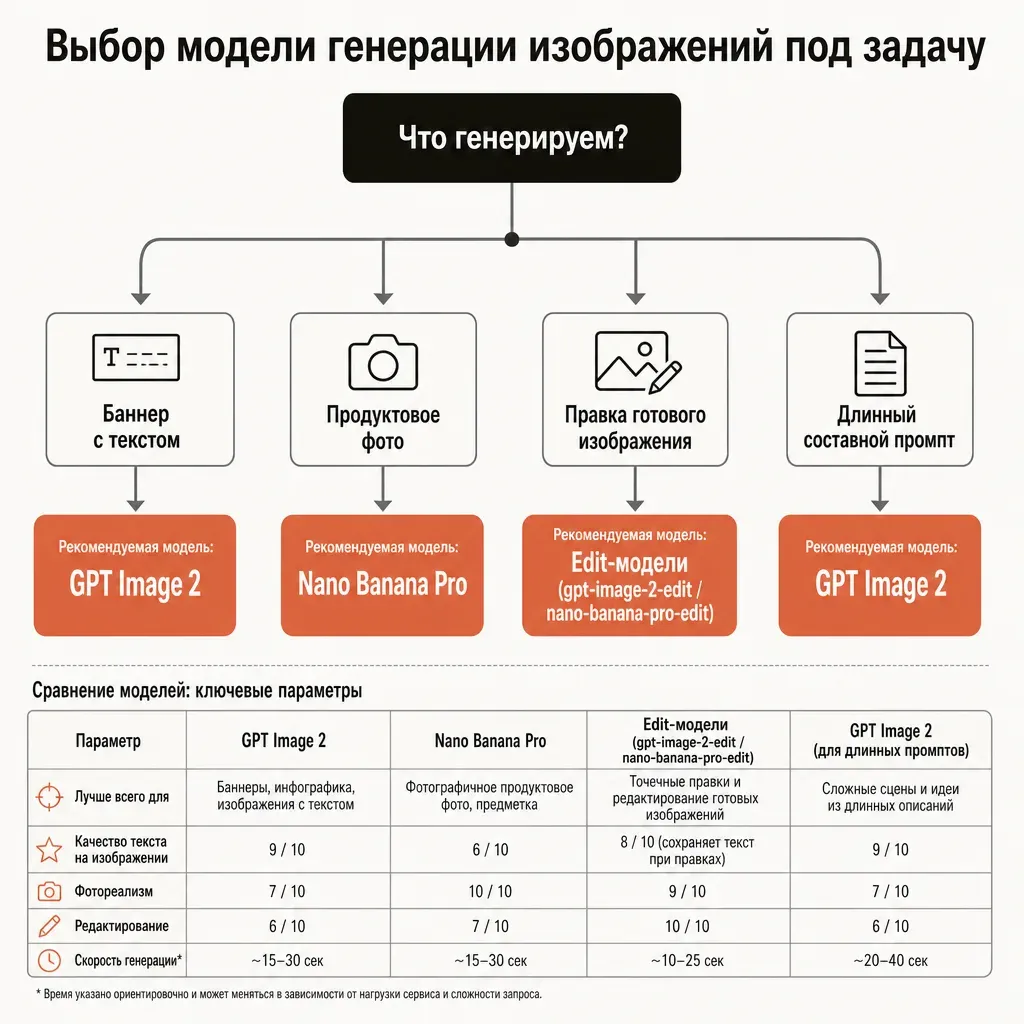 Дерево решения выбора модели генерации изображений: от корневого вопроса «что генерируем» ветви к блокам — баннер с текстом → GPT Image 2, продуктовое фото → Nano Banana Pro, правка готового → Edit-модели, длинный промпт → GPT Image 2; подписи на русском, блоки тёплой палитры с терракотовыми акцентами