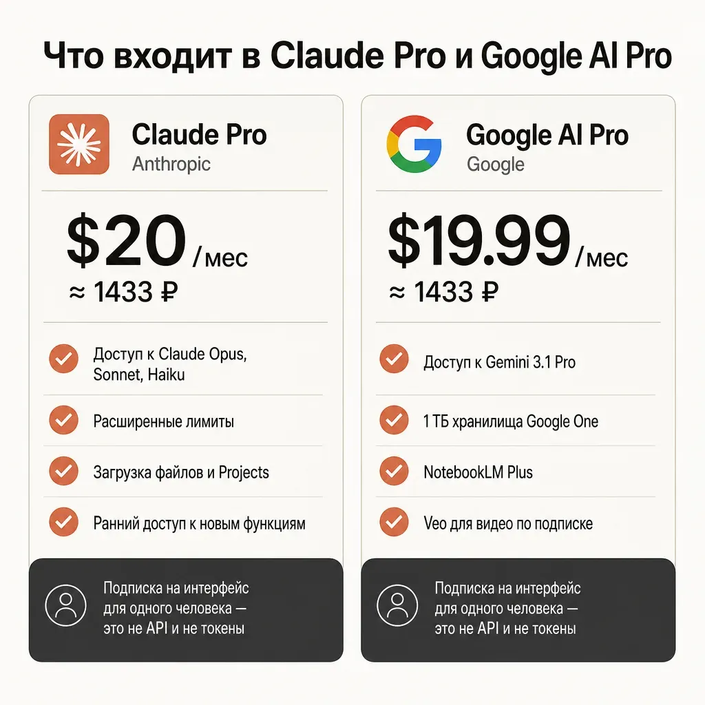 Карточка-сравнение состава тарифов Claude Pro и Google AI Pro: цена, расширенные лимиты, доступ к флагманам, интеграции; внизу пометка — обе подписки на интерфейс для одного человека, не API и не токены