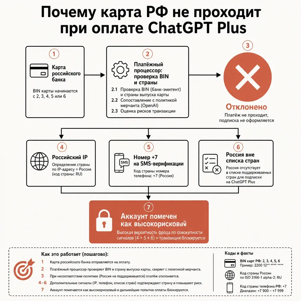 Блок-схема: почему карта РФ не проходит при оплате ChatGPT Plus. Карта российского банка идёт в узел «Платёжный процессор: проверка BIN и страны» и упирается в красный крест «отклонено»; параллельно сигналы «российский IP», «номер плюс семь», «Россия вне списка стран» сходятся в блок «аккаунт помечен как высокорисковый»