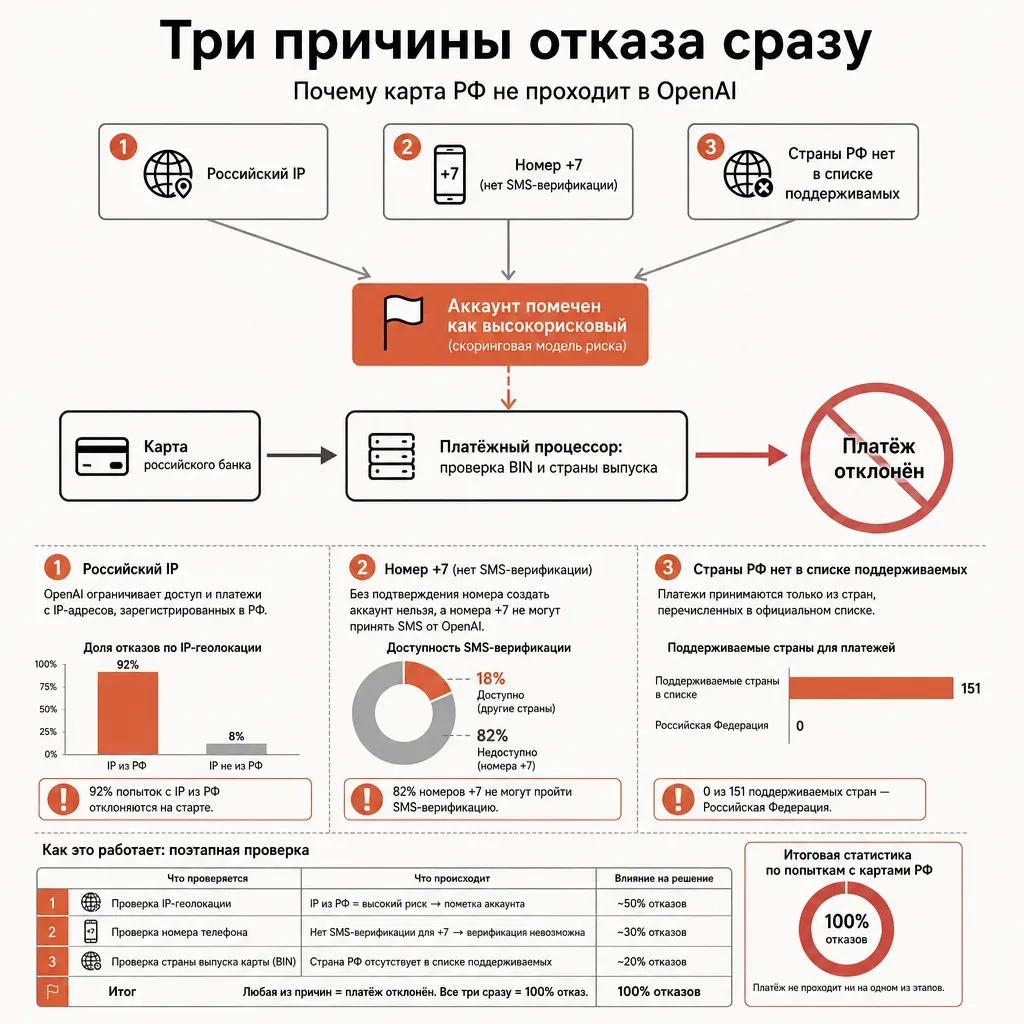 Блок-схема: почему карта РФ не проходит в OpenAI. Карта российского банка через узел «Платёжный процессор (проверка BIN и страны)» упирается в красный крест «отклонено», параллельно сигналы IP, номер +7, отсутствие в списке стран ведут к блоку аккаунта