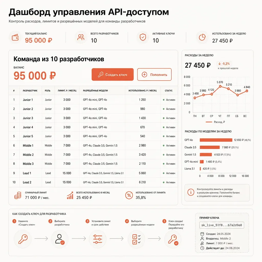 Дашборд provod.ai с настройкой ключей для команды: десять разработчиков, отдельные ключи с лимитами в рублях, список разрешённых моделей, мониторинг расхода; редакторская схема в кремовой и терракотовой палитре