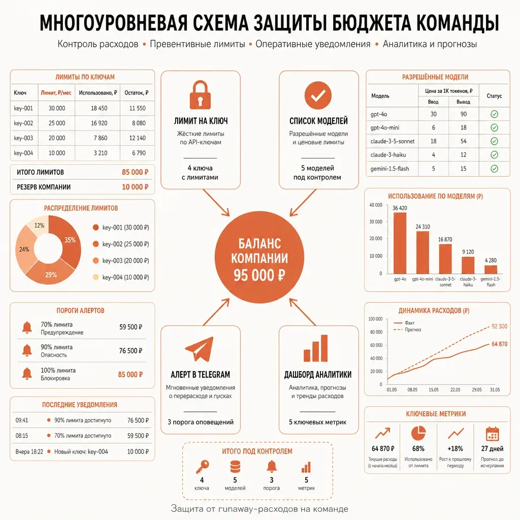 Схема многоуровневой защиты бюджета команды: лимит на ключ, список моделей, алерты в Telegram, дашборд по разработчикам; четыре блока с иконками, центр — общий баланс юр.лица