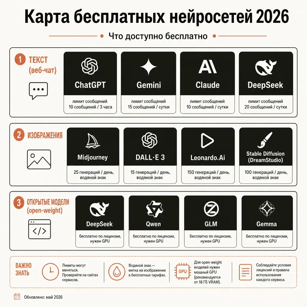 Карта бесплатных нейросетей 2026: текст, изображения, открытые модели и их лимиты