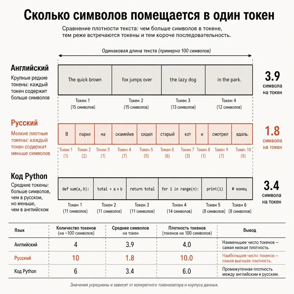 Сравнительная горизонтальная диаграмма плотности текста для трёх языков: «Английский» — длинный пустой столбец, «Русский» — короткий плотный сегмент, «Код Python» — средний; подпись «4 vs 1.8 vs 3.5 символа на токен», заголовок «Сколько символов помещается в один токен»