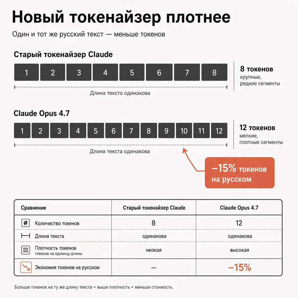 Два горизонтальных отрезка одинаковой длины: верхний «Старый токенайзер Claude» — крупные редкие сегменты, нижний «Claude Opus 4.7» — мелкие плотные, выноска «−15% токенов на русском» терракотовая; заголовок «Новый токенайзер плотнее»