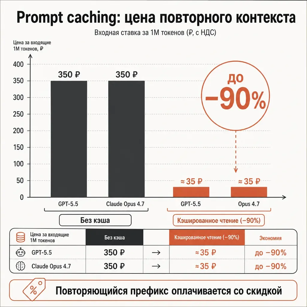 Сравнение стоимости повторного контекста с кэшированием и без: две группы столбиков в рублях, где кэшированное чтение в десять раз ниже обычного входа, с подписью «до −90 процентов» и числами по входной ставке