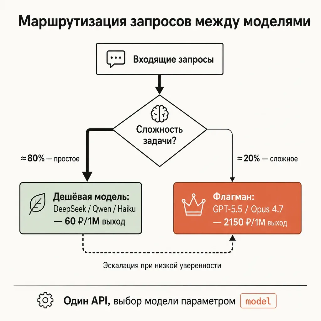 Блок-схема маршрутизации запросов между моделями: входящий поток проходит через ромб «Сложность задачи?», толстая стрелка восемьдесят процентов ведёт к дешёвой модели, тонкая двадцать процентов — к флагману, внизу подпись про эскалацию