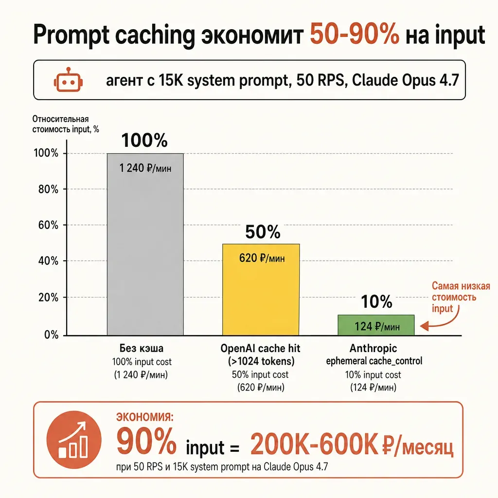 Сравнительная диаграмма стоимости с prompt caching: вертикальные столбцы для агента с 8K system prompt — «без кэша» 100% input cost, «OpenAI cache hit» 50%, «Anthropic ephemeral cache» 10%; терракотовый акцент на самом низком; заголовок «Prompt caching экономит 50-90% на input»