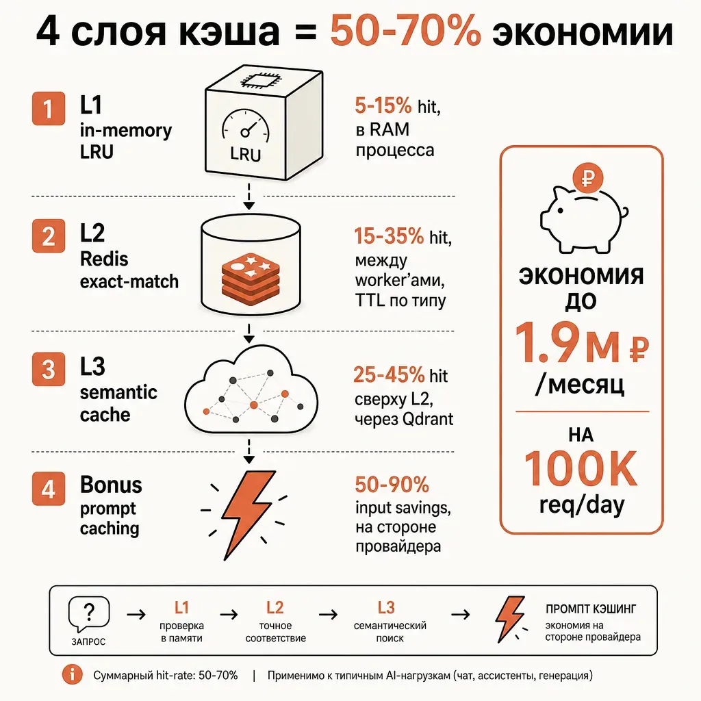 Финальная инфографика 4 уровней кэша: вертикальные слои сверху вниз — «L1 in-memory LRU (5-15%)», «L2 Redis exact-match (15-35%)», «L3 semantic cache (25-45% сверху)», «Bonus prompt caching (50-90% на input)»; справа суммарный счётчик экономии «до 1.9M ₽/месяц»; заголовок «4 слоя кэша = 50-70% экономии»