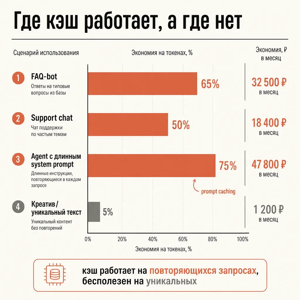 Финальная сводная инфографика: горизонтальная стрелка времени, сверху три слоя кэша с маркерами hit rate, снизу столбчатая диаграмма «экономия по сценариям»: FAQ-bot 65%, support chat 50%, agent с system 75%, креатив 5%; терракотовый акцент на максимальной экономии; заголовок «Где кэш работает, а где нет»