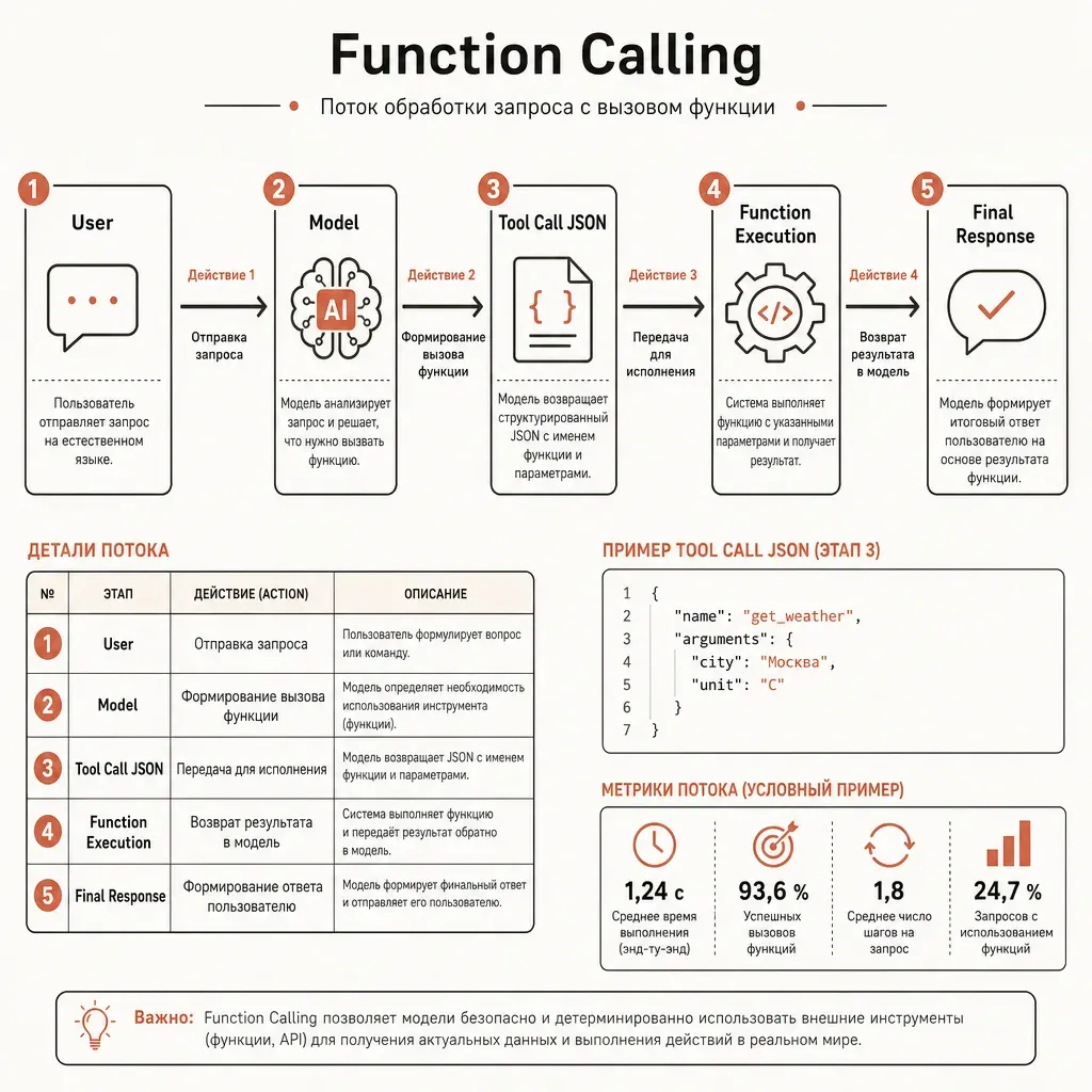 Sequence diagram потока tool calling: пользователь → модель → JSON tool_call → выполнение функции → результат → модель → финальный ответ, минималистичный flowchart в графитовых линиях на кремовом фоне