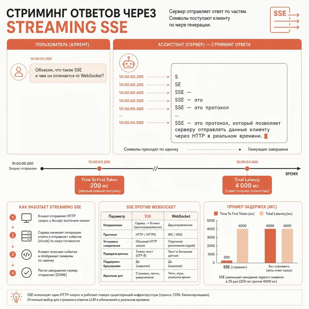Анимированная развёртка чата: левая колонка — пользователь, правая — модель печатает по символам через SSE, под ней timeline first-token-latency и total-latency, editorial vector в терракотовых акцентах