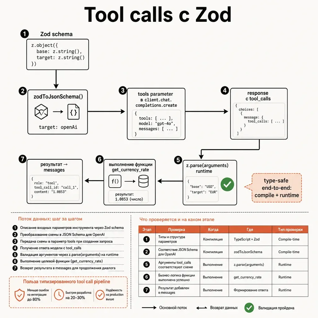 Схема типизированного tool call pipeline в TypeScript: Zod schema → zodToJsonSchema → tools parameter в LLM → response с tool_calls → z.parse(arguments) runtime → выполнение функции → результат обратно в messages; терракотовая выноска «type-safe end-to-end»; заголовок «Tool calls с Zod»