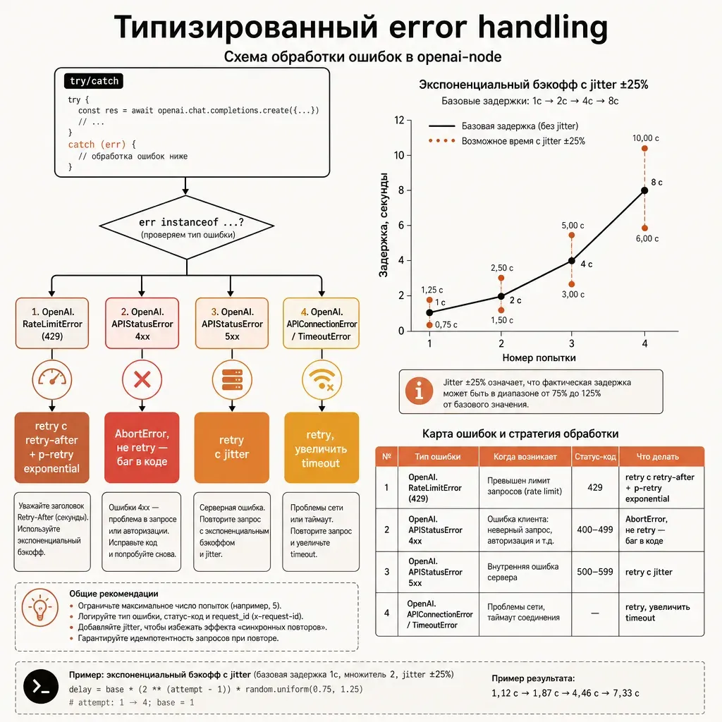 Схема обработки ошибок openai-node: try/catch с проверкой instanceof OpenAI.RateLimitError / APIStatusError / APIConnectionError, для 429 и 5xx — retry через p-retry, для 4xx — AbortError; справа диаграмма exponential backoff 1с-2с-4с-8с с jitter; заголовок «Типизированный error handling»