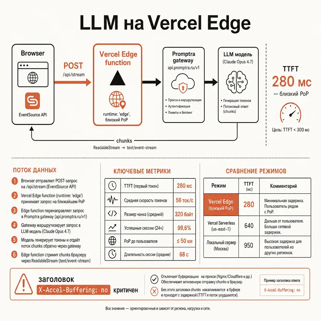 Архитектурная схема Edge LLM-app: Browser → Vercel Edge function (близкий PoP) → provod.ai gateway → LLM модель; обратный поток chunks через ReadableStream → SSE → EventSource; справа метка «TTFT 280 мс»; заголовок «LLM на Vercel Edge»